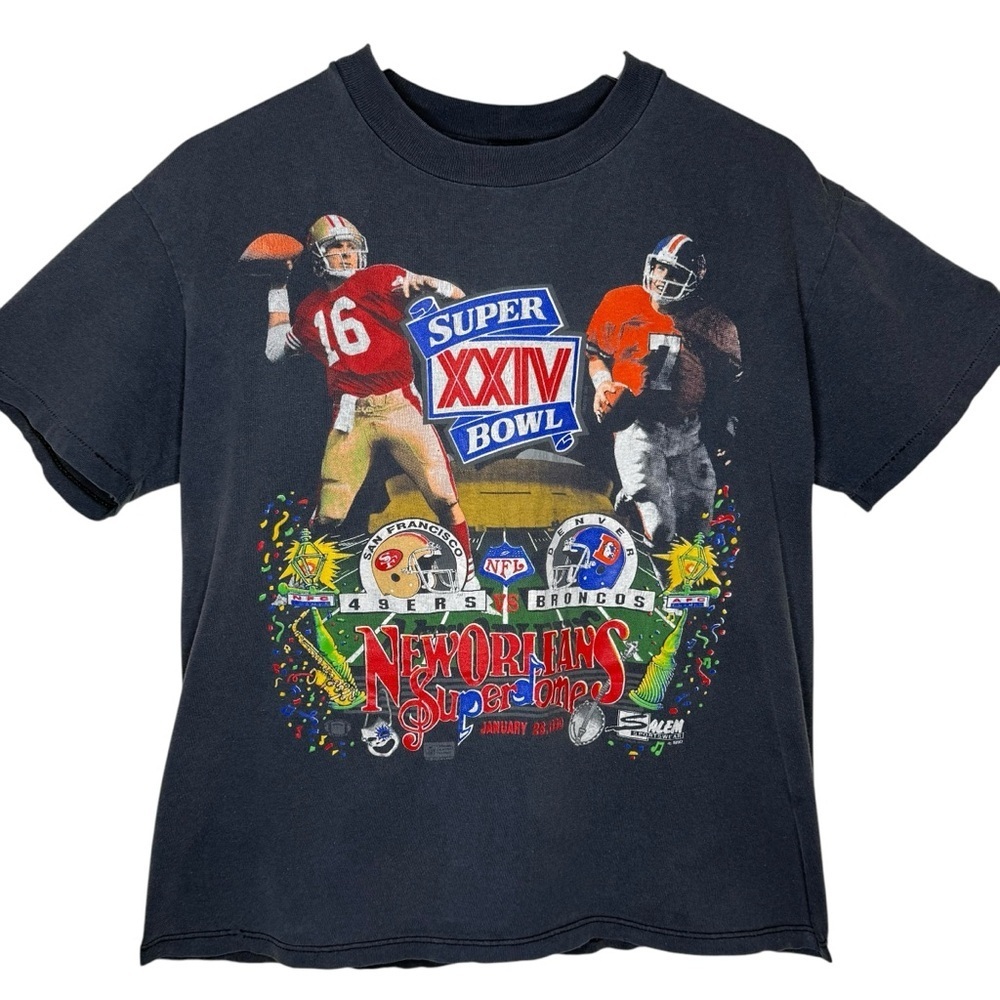 Vintage Super Bowl XXIV 49ers Broncos Graphic T Shirt Size M Single Stitch Gray